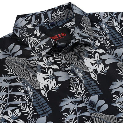 Half Sleeve Slim Fit Shirt - Black with Blue Botanical Pattern (GP053)