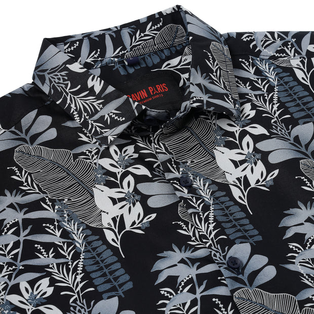 Half Sleeve Slim Fit Shirt - Black with Blue Botanical Pattern (GP053)