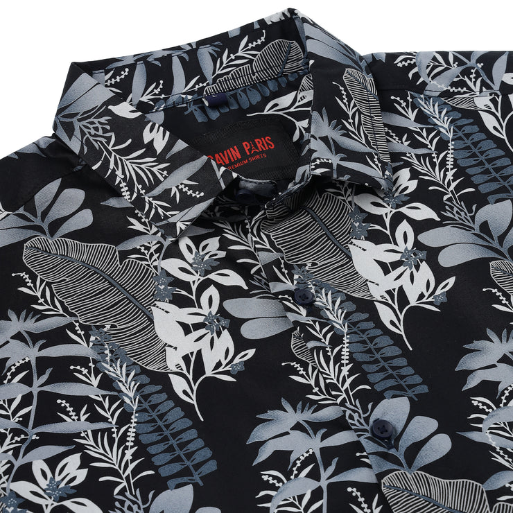 Half Sleeve Shirt - Black with Blue Botanical Pattern (GP053)