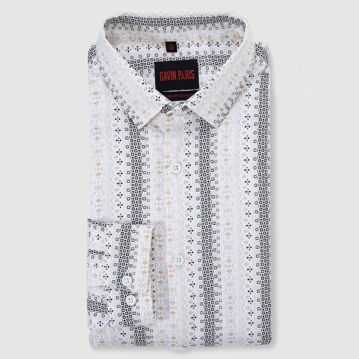 Cream and Navy Ethnic Stripe Design Men's Slim Fit Full Sleeve Shirt (GP308)