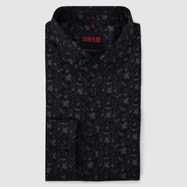 Black Paisley Motif Men's Slim Fit Full Sleeve Shirt (GP300)