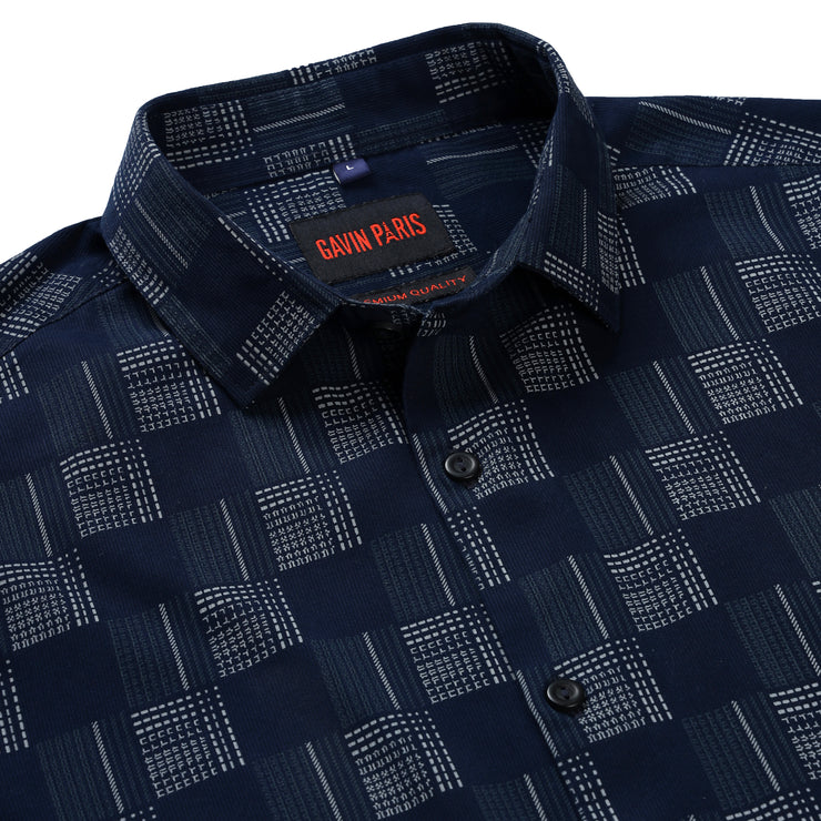 Navy Blue Geometric Check Slim Fit Full Sleeve Shirt (GP255)