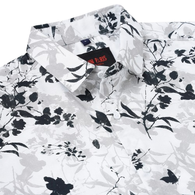 Half Sleeve Slim Fit Shirt- White with Black and Grey Floral Pattern (GP044)