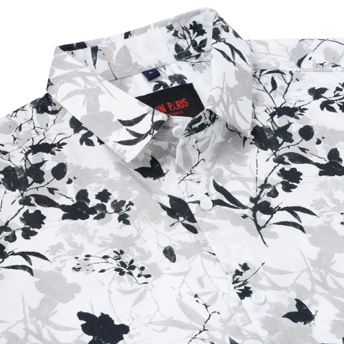 Half Sleeve Slim Fit Shirt- White with Black and Grey Floral Pattern (GP044)