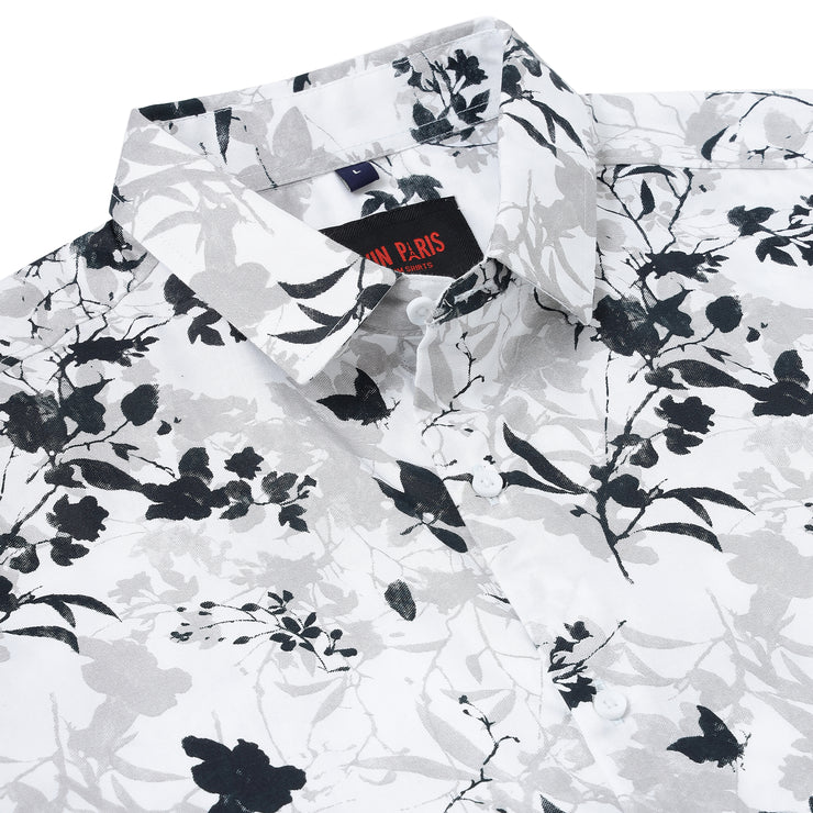 Half Sleeve Shirt- White with Black and Grey Floral Pattern (GP044)