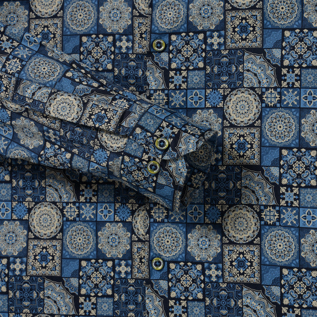 Mosaic Pattern Slim Fit Full-Sleeve Shirt - Blue & Beige (GP016)