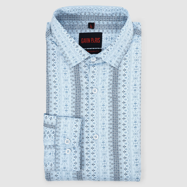 Aqua Blue and Navy Ethnic Stripe Design Men's Slim Fit Full Sleeve Shirt (GP309)