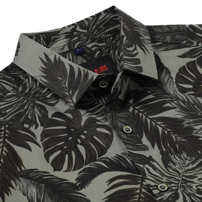 Half Sleeve Slim Fit Shirt- Grey with Brown Tropical Leaf Pattern  (GP037)