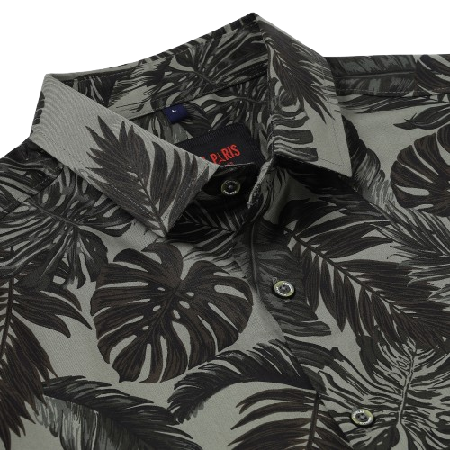 Half Sleeve Slim Fit Shirt- Grey with Brown Tropical Leaf Pattern  (GP037)