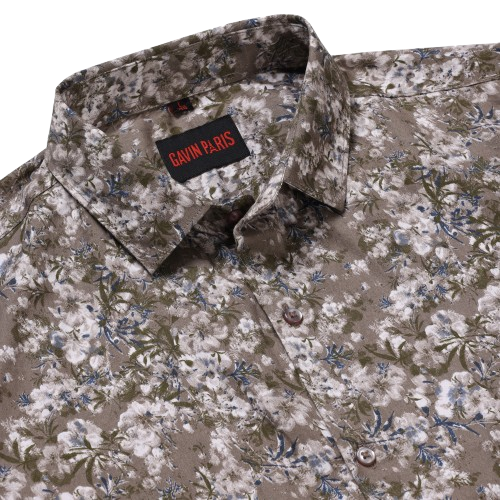 Olive Floral Print Slim Fit Men's Full Sleeve Shirt (GP351)