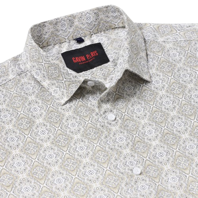White with Gold and Black Ornate Pattern Slim Fit Full Sleeve Shirt (GP009)