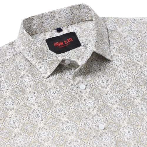 White with Gold and Black Ornate Pattern Slim Fit Full Sleeve Shirt (GP009)