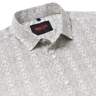 White with Gold and Black Ornate Pattern Slim Fit Full Sleeve Shirt (GP009)