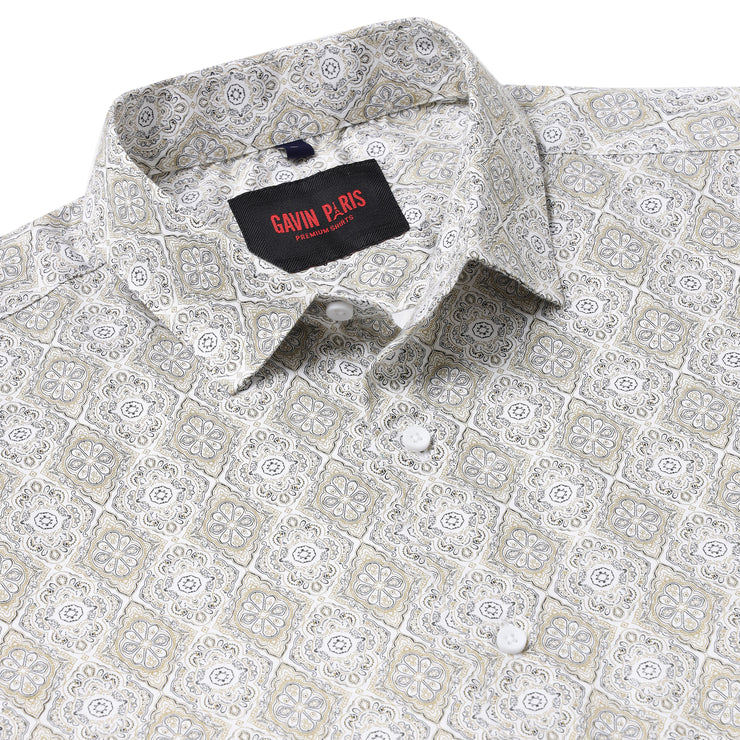 White with Gold and Black Ornate Pattern Slim Fit Full Sleeve Shirt (GP009)