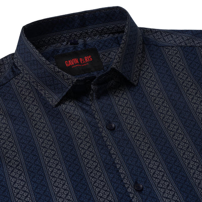 Full Sleeve Shirt - Navy Blue with Vertical Geometric Pattern (GP026)