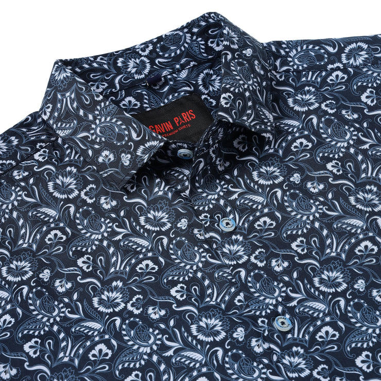Navy Blue with White Floral Pattern Full Sleeve Shirt (GP024)