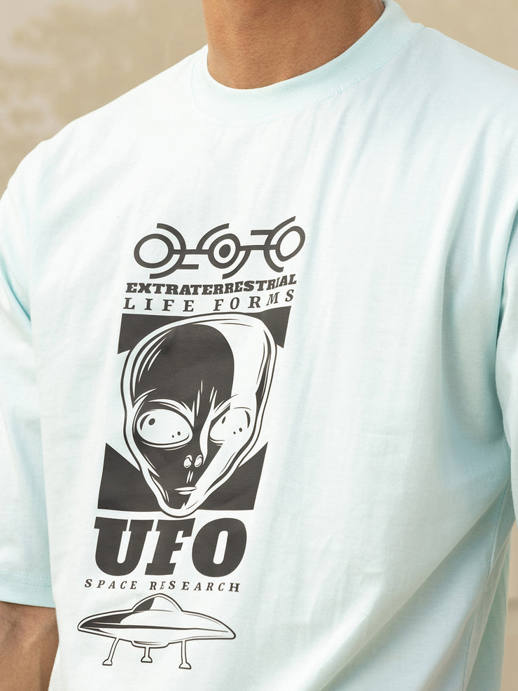 UFO Aqua Blue Black Oversized Drop Shoulder Unisex Tshirt By Gavin Paris