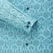 Aqua Blue Floral Medallion Print Men's Slim Fit Full Sleeve Shirt (GP298)