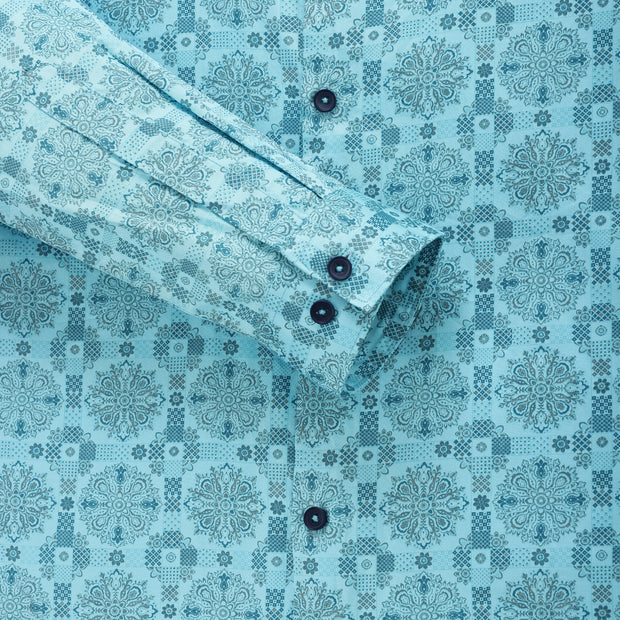 Aqua Blue Floral Medallion Print Men's Slim Fit Full Sleeve Shirt (GP298)