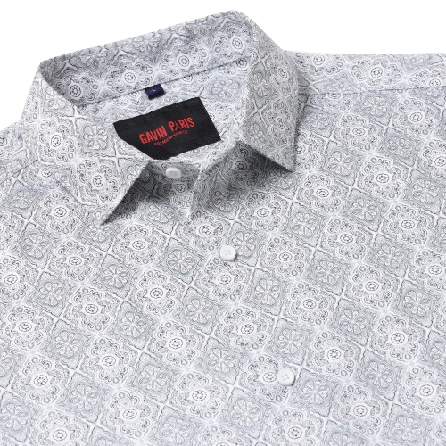 White with Grey Ornate Pattern Slim Fit Full Sleeve Shirt  (GP010)