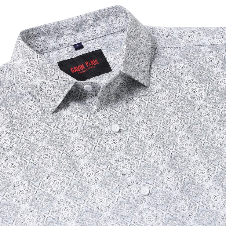 Full Sleeve Shirt - White with Grey Ornate Pattern (GP010)