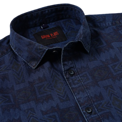 Half Sleeve Slim Fit Shirt - Navy Blue Geometric Pattern (GP089)