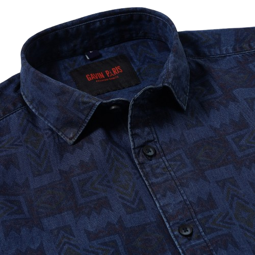 Half Sleeve Slim Fit Shirt - Navy Blue Geometric Pattern (GP089)