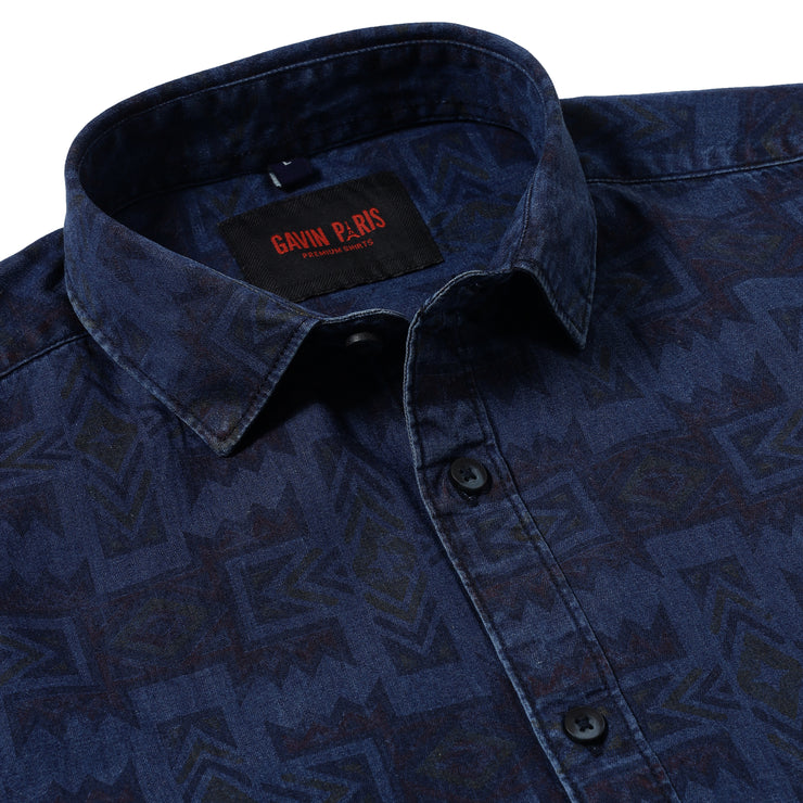 Half Sleeve Slim Fit Shirt - Navy Blue Geometric Pattern (GP089)