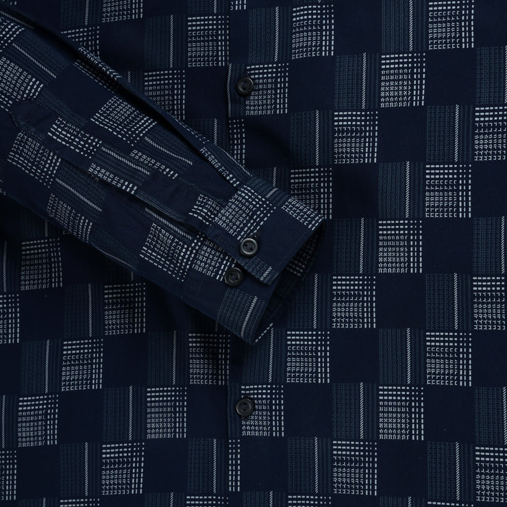 Navy Blue Geometric Check Slim Fit Full Sleeve Shirt (GP255)