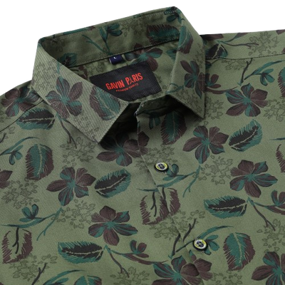 Olive Green Floral Slim Fit Full-Sleeve Shirt (GP039)