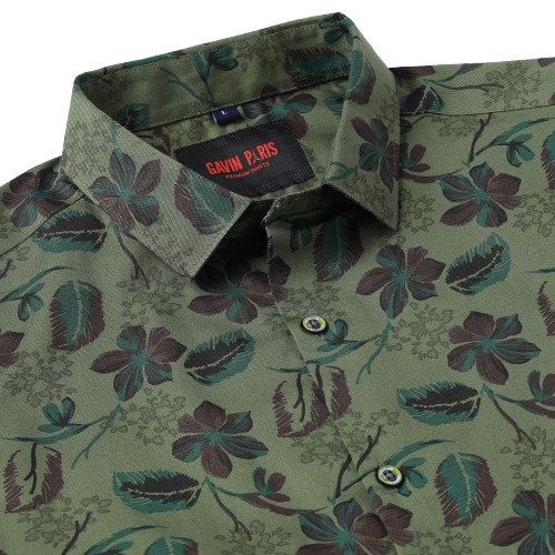Olive Green Floral Slim Fit Full-Sleeve Shirt (GP039)