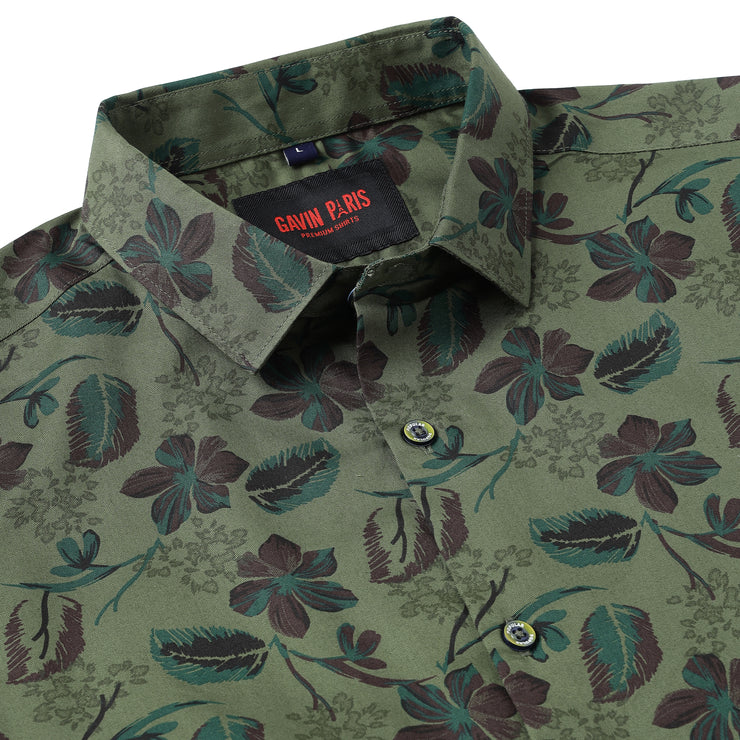 Olive Green Floral Full-Sleeve Shirt (GP039)