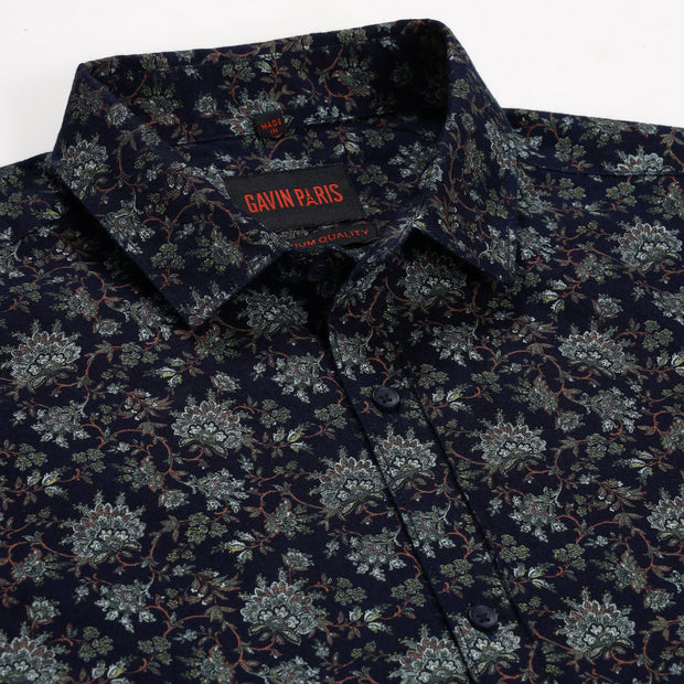 Navy Blue Floral Print Slim Fit Full Sleeve Shirt (GP143)