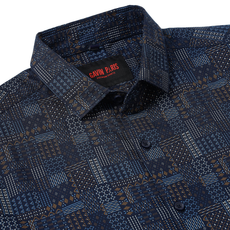 Navy Blue with Geometric Pattern Full Sleeve Shirt (GP104)