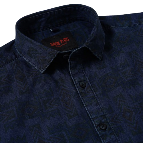 Half-Sleeve Slim Fit Shirt - Geometric Dark Navy (GP090)