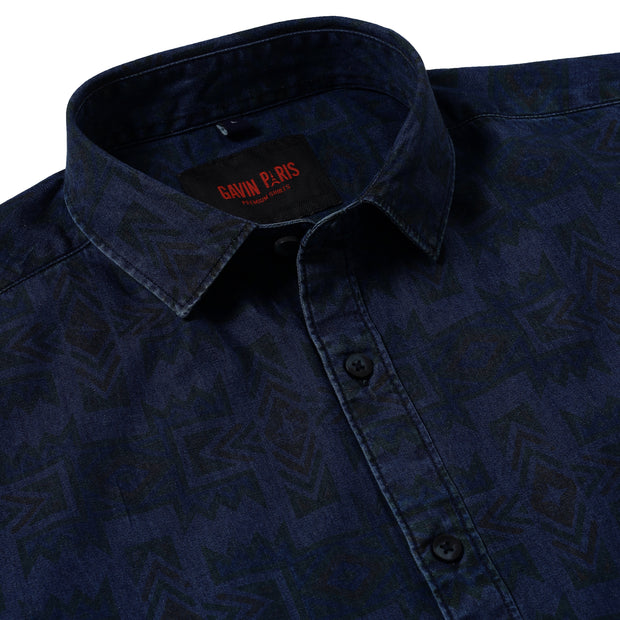 Half-Sleeve Slim Fit Shirt - Geometric Dark Navy (GP090)