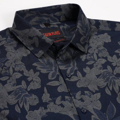 Navy Blue Floral Print Slim Fit Full Sleeve Shirt (GP145)
