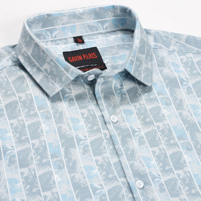 Light Blue and White Striped Floral Pattern Slim Fit  Full Sleeve Shirt (GP136)