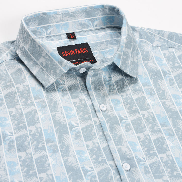Light Blue and White Striped Floral Pattern Slim Fit  Full Sleeve Shirt (GP136)