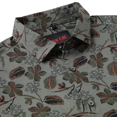 Olive Green with Autumn Leaf Pattern Slim Fit Full Sleeve Shirt (GP040)