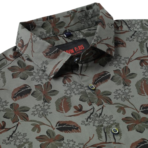 Olive Green with Autumn Leaf Pattern Slim Fit Full Sleeve Shirt (GP040)