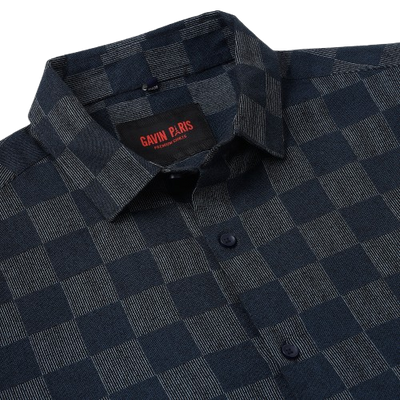 Navy Blue Checkered Pattern Slim Fit Full Sleeve Shirt (GP005)