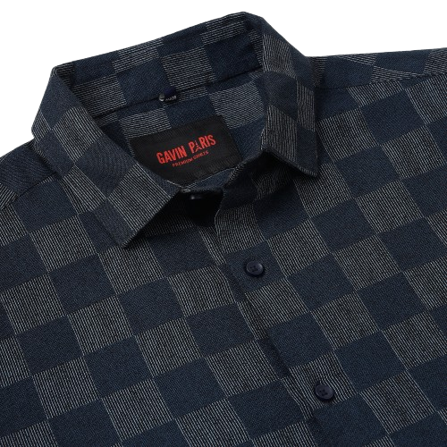 Navy Blue Checkered Pattern Slim Fit Full Sleeve Shirt (GP005)
