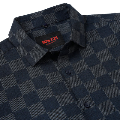 Navy Blue Checkered Pattern Slim Fit Full Sleeve Shirt (GP005)