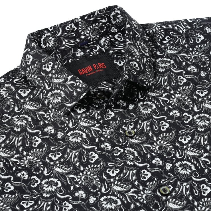 Black with White Floral Pattern Full Sleeve Shirt (GP023)