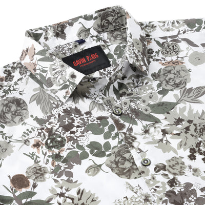 White with Green and Brown Floral Pattern Full Sleeve Shirt (GP051)