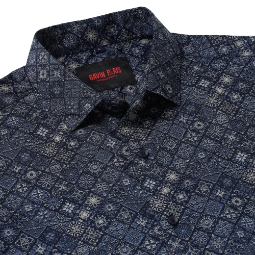 Blue Geometric Pattern Slim Fit Full Sleeve Shirt (GP013)