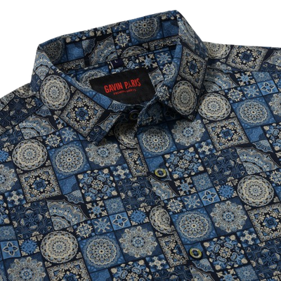 Mosaic Pattern Slim Fit Full-Sleeve Shirt - Blue & Beige (GP016)
