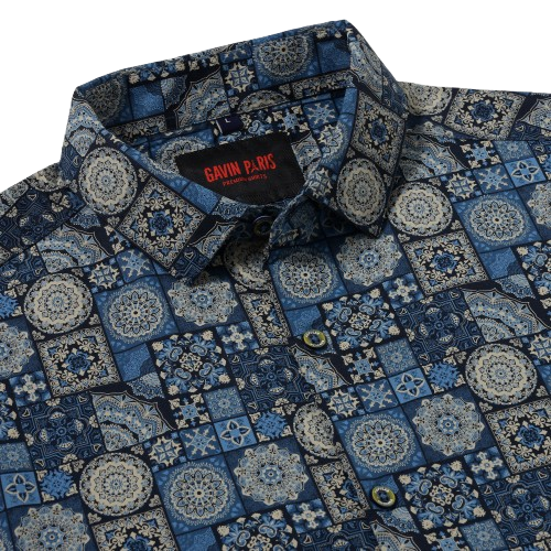 Mosaic Pattern Slim Fit Full-Sleeve Shirt - Blue & Beige (GP016)