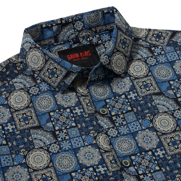 Mosaic Pattern Slim Fit Full-Sleeve Shirt - Blue & Beige (GP016)